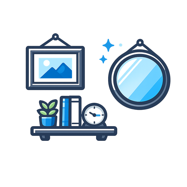 Wall shelf with framed art, books, plant, clock, and round mirror in blue tones