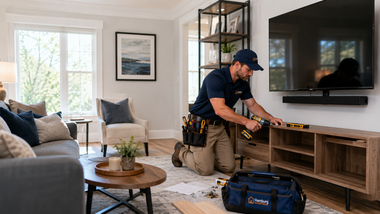 Technician kneels beside a TV console, adjusting cables in a bright living room with a large wall-mounted TV.