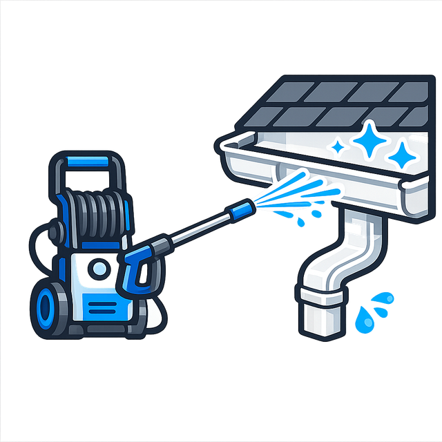 Blue pressure washer spraying water at a gutter, cleaning grime with sparkles and droplets.