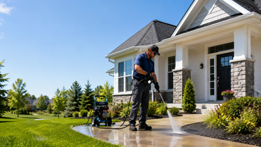 Worker pressure-washing a driveway outside a modern house on a sunny day