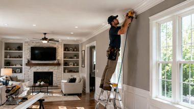 Person on a ladder painting a living room wall beside large windows and a fireplace.