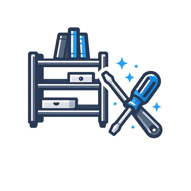 Blue and gray dresser with tools, suggesting furniture assembly or repair