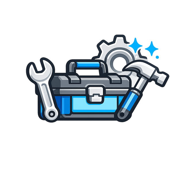 Blue toolbox with wrench, hammer, and gear icons, symbolizing repair and maintenance