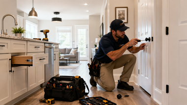 Plumber kneels in a bright kitchen, repairing a white cabinet near tools and a toolbox on the floor
