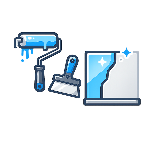 Paint roller and squeegee beside a sparkling blue glass pane, suggesting window cleaning or painting.