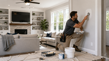 Man painting a light gray wall in a bright living room with buckets, drop cloths, and a ladder.