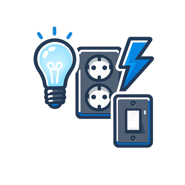 Blue light bulb, wall outlet with lightning bolt, and light switch icon illustrating electricity or energy.