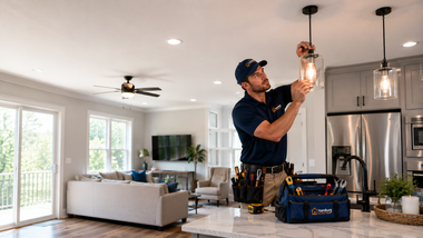 Electrician replacing a ceiling light in a bright modern kitchen with pendant fixtures and a tool bag nearby