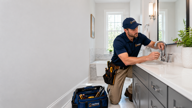 Plumber repairing a faucet in a bright kitchen, with tools on the floor and under-sink cabinet open