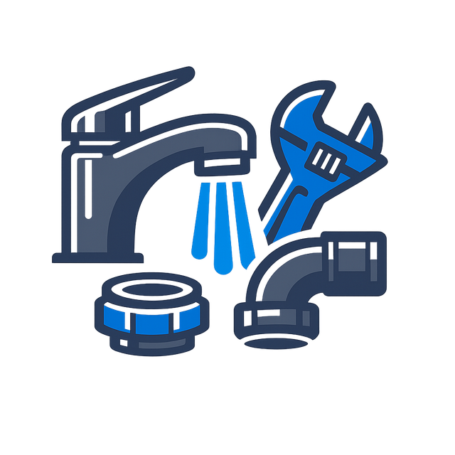 Illustration of plumbing tools: faucet, wrench, pipe, and drain in blue and gray