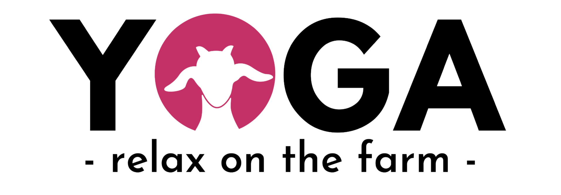 A logo for yoga relax on the farm with a goat in a pink circle.
