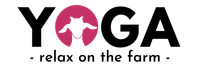 A logo for yoga relax on the farm with a goat in a pink circle.