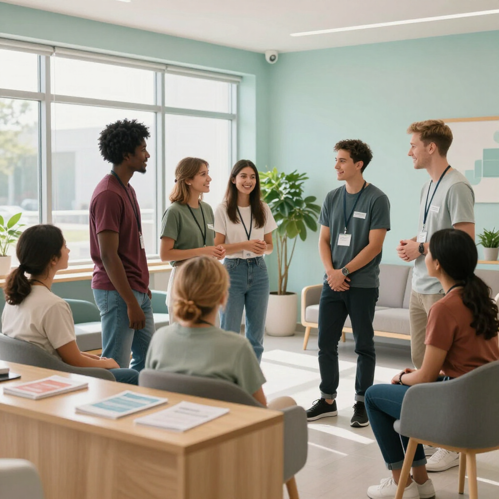 Small group meeting in a bright room, with a speaker addressing seated participants near large windows.