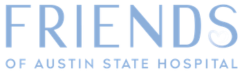 The logo for friends of austin state hospital is blue and white.