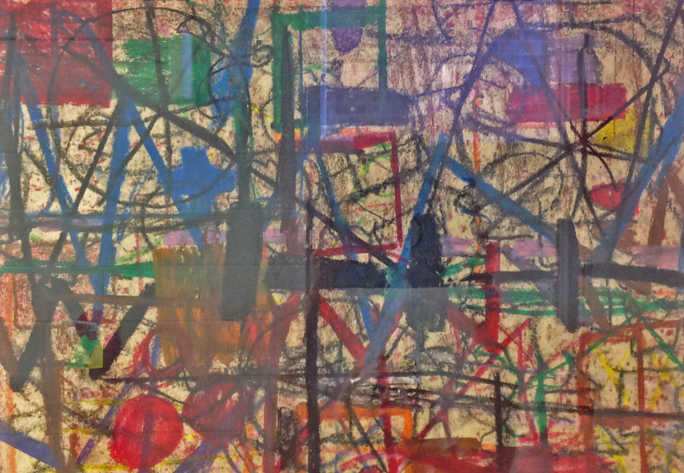 A colorful abstract painting with swirls and triangles