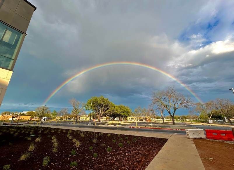 Rainbow over a campus walkway with trees and a cloudy sky after rain