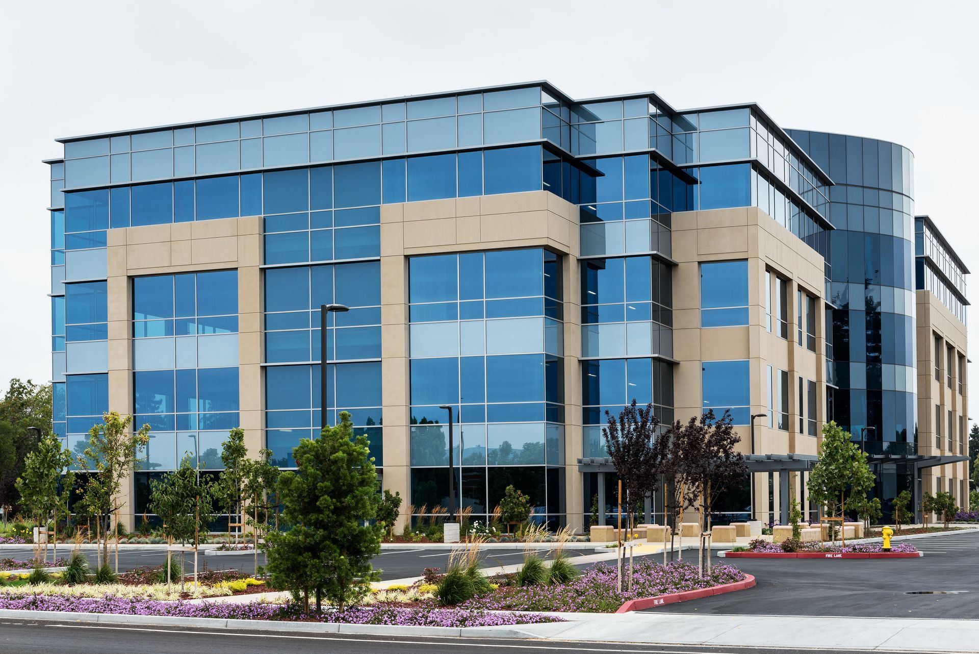 Modern glass-and-stone office building with blue windows and landscaped parking lot