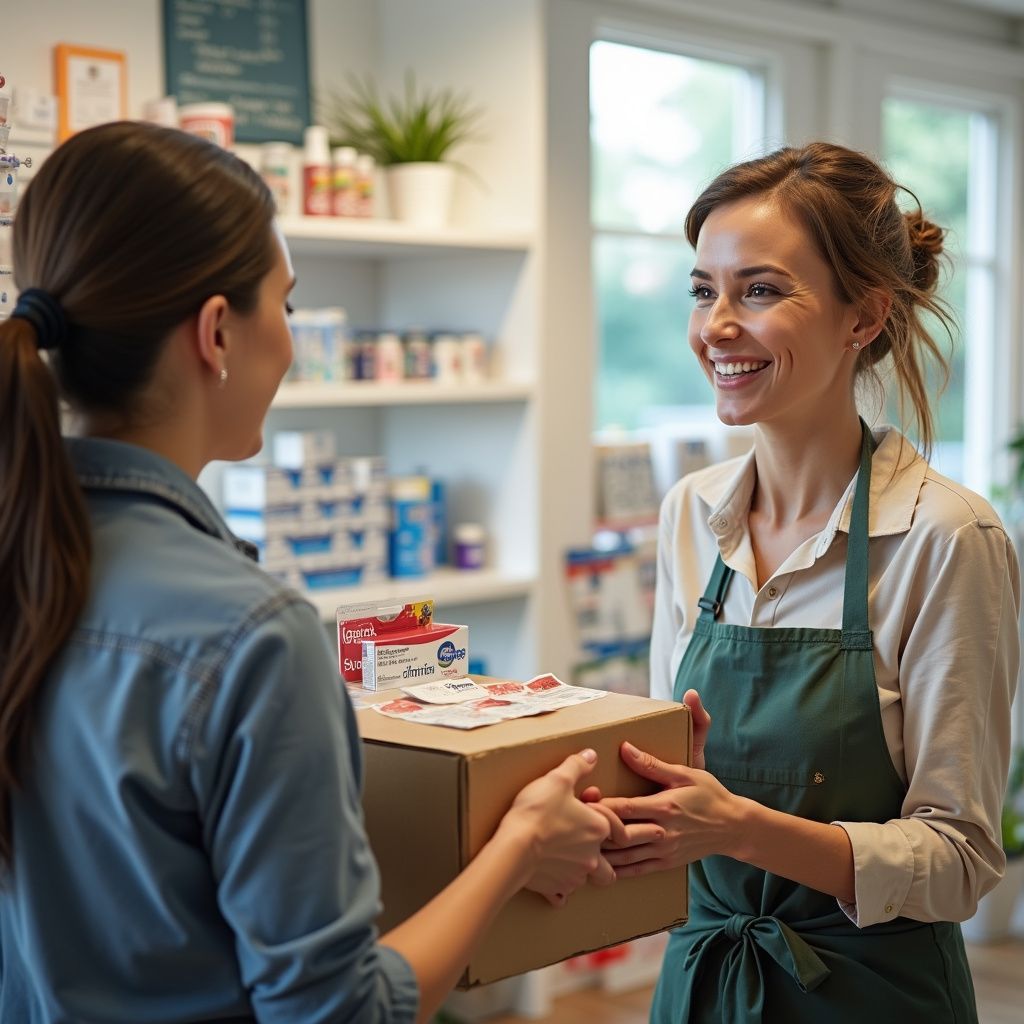 A woman hands a cardboard box to another woman at a store counter; both are smiling.