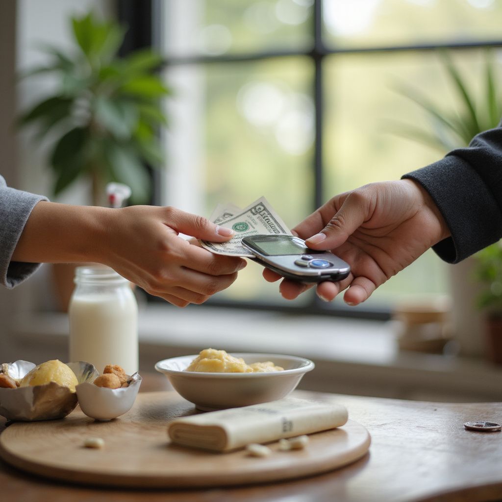 Person paying with cash at a counter; food, milk, and a payment device are visible.