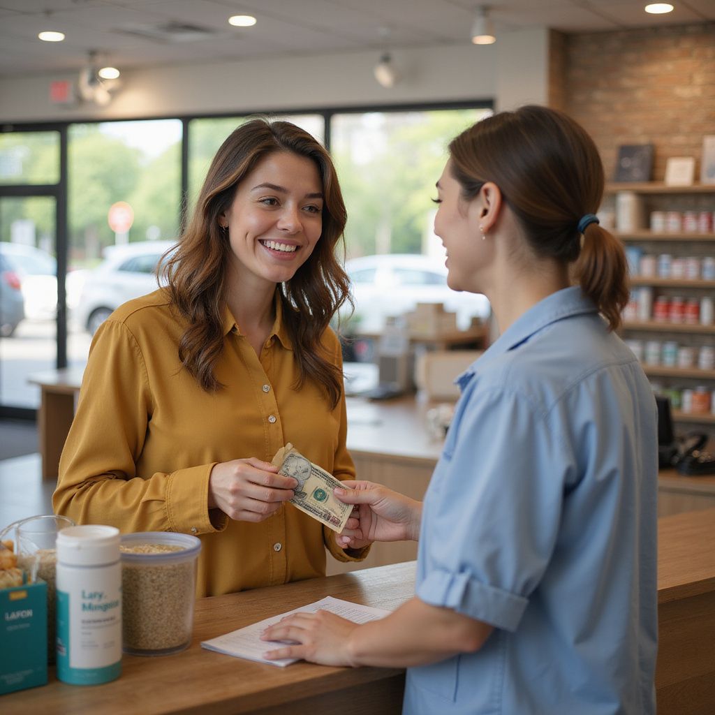Woman paying for purchase at a store counter. Smiling customer hands cash to the shop employee.