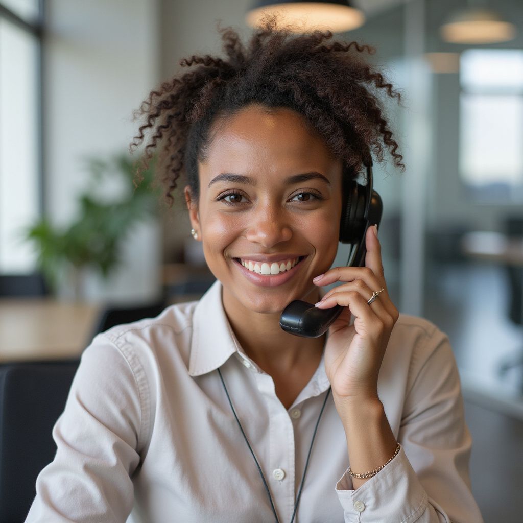 Smiling person with headset in an office setting, holding the microphone, wearing a light-colored button-down shirt.