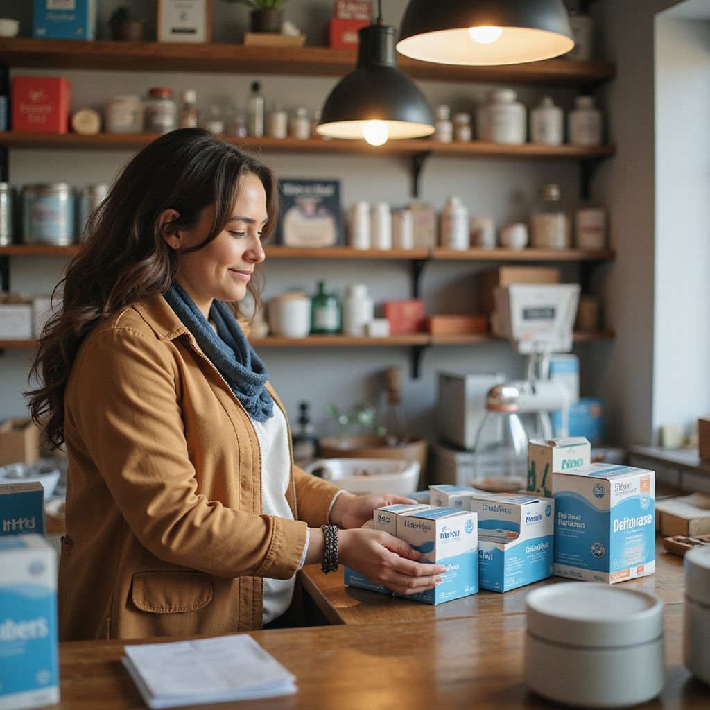 Woman arranging boxes behind a shop counter; shelves with products in background.