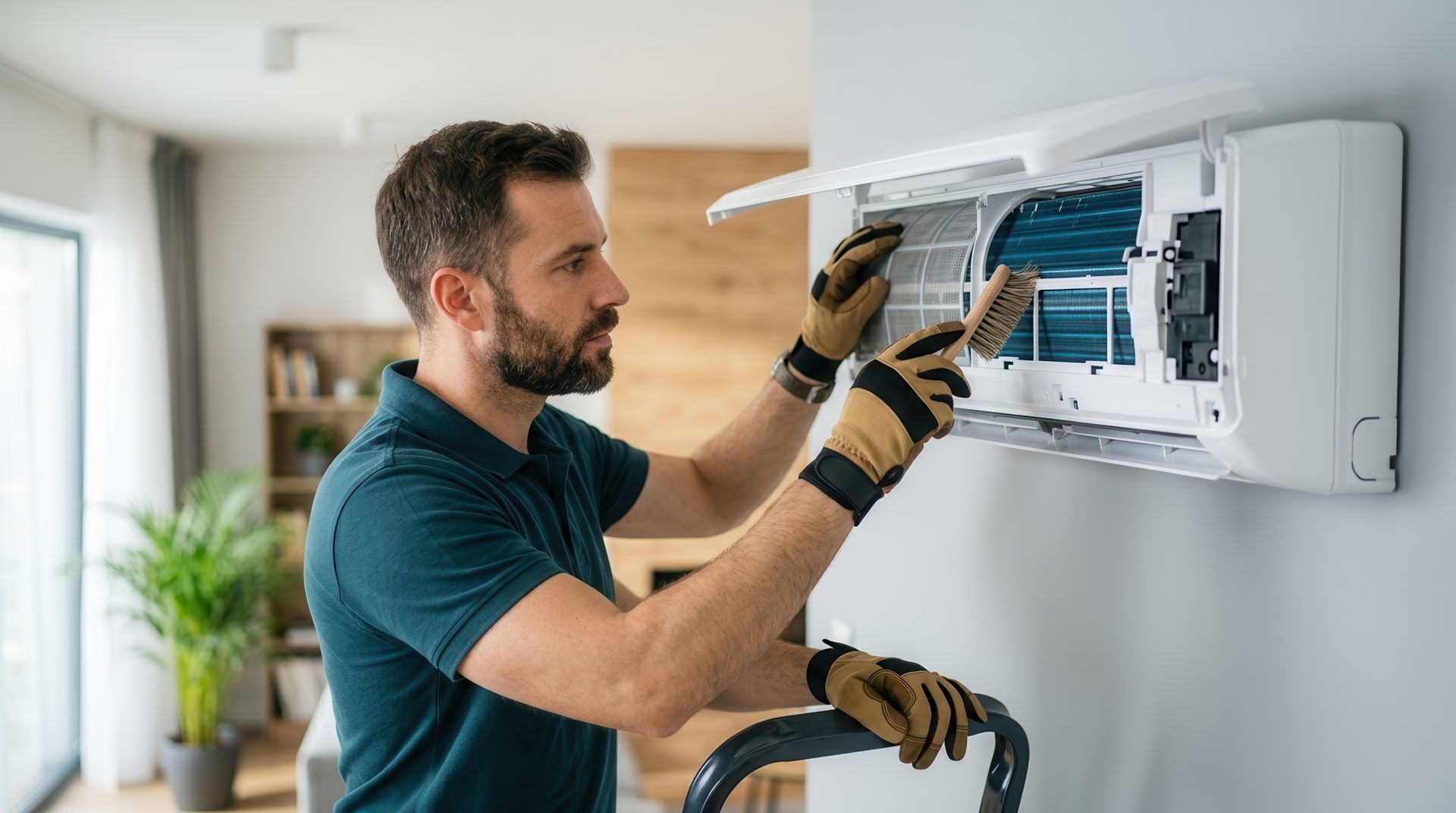 Technician in gloves cleaning a wall-mounted AC unit during an AC repair service