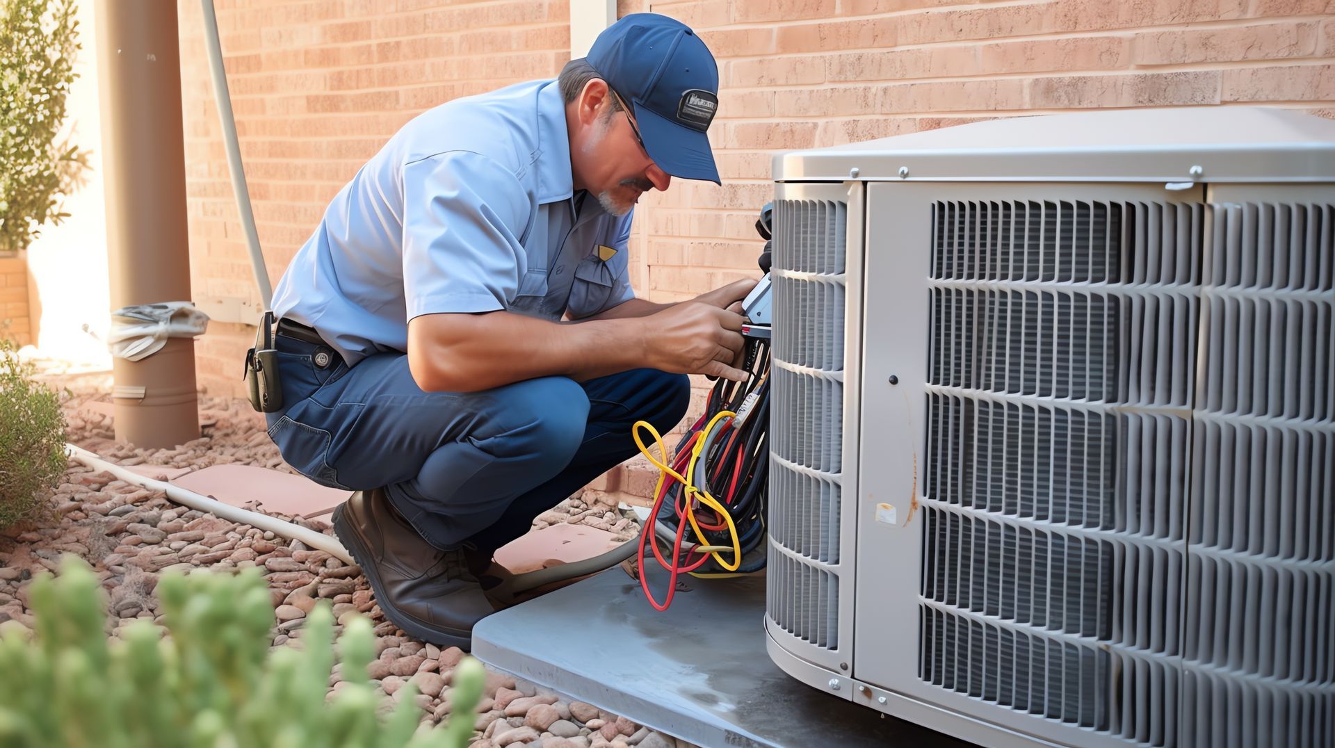 HVAC technician repairing outdoor air conditioning unit beside home exterior. HVAC technician repairing outdoor air conditioning unit beside home exterior.