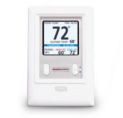 A white thermostat with a screen that says 72 degrees on it.