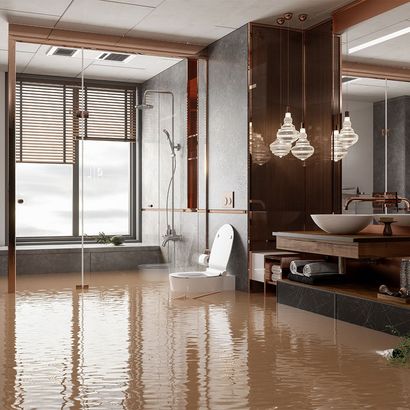 Flooded Bathroom with Potted Plants Floating on Water — Cairns, QLD — Big Red Carpet Shampooing Flooded Bathroom with Potted Plants Floating on Water — Cairns, QLD — Big Red Carpet Shampooing