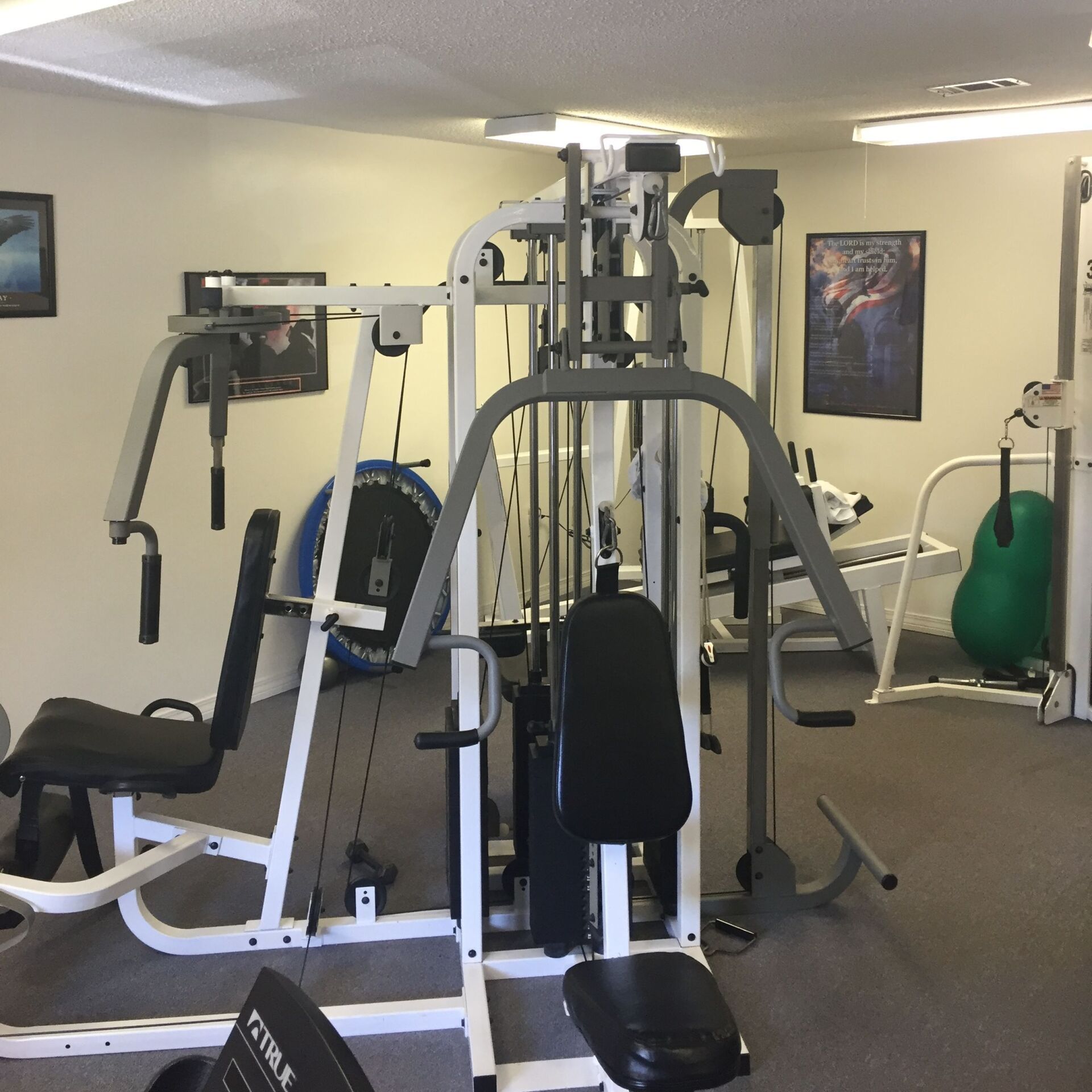 Home gym with multiple weight machines, a bench, and a green exercise ball in a carpeted room.