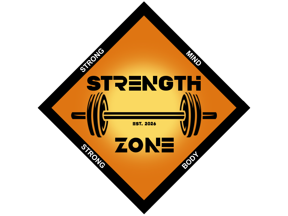 Logo for Strength Zone gym, featuring barbell and text in a diamond shape with "Strong Mind Body" around it.