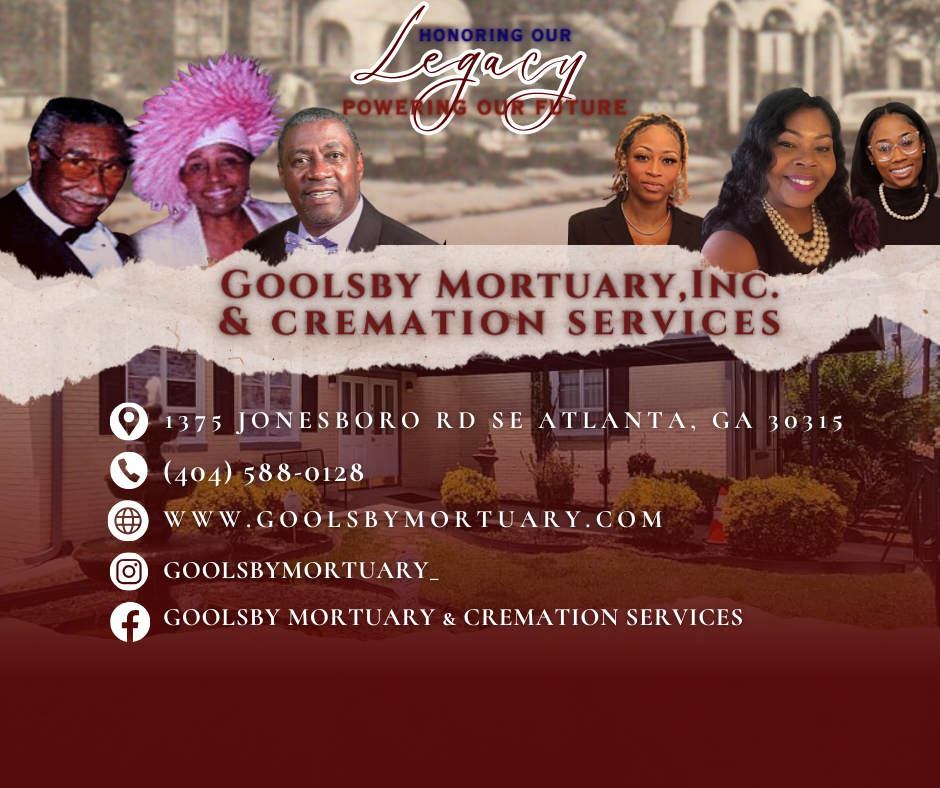 Goolsby Mortuary and Cremation Services flyer with staff photos, contact info, and maroon background