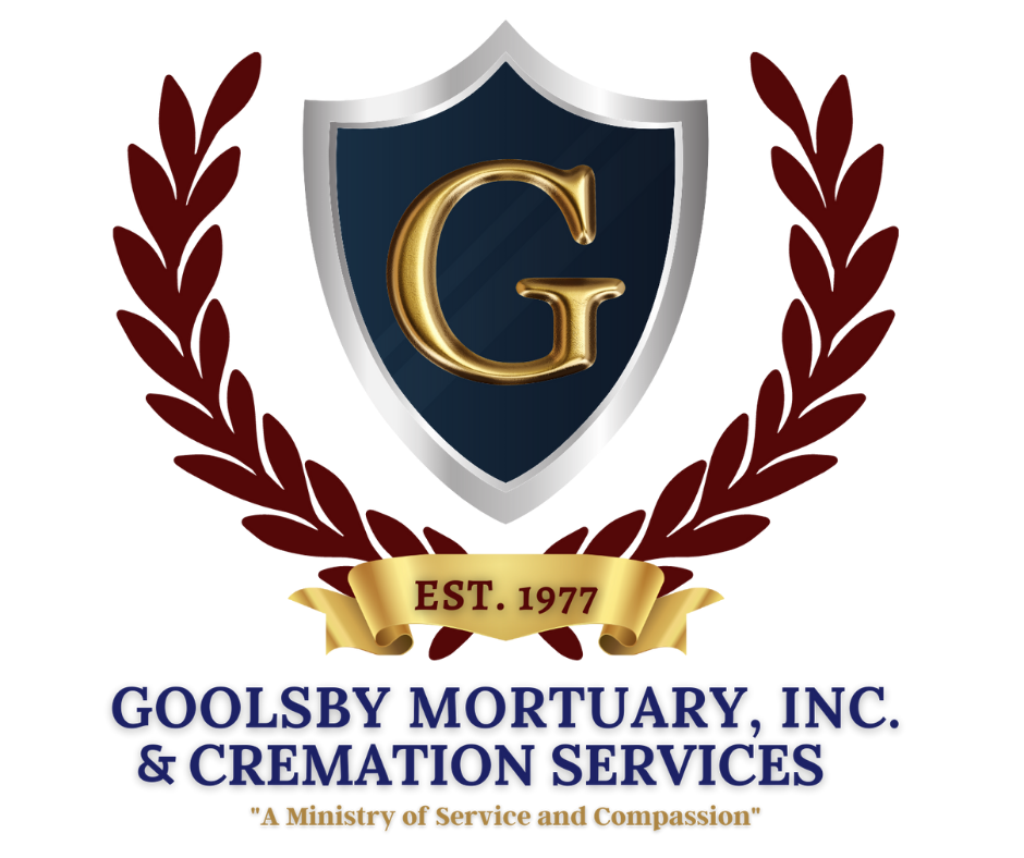 Goolsby Mortuary, Inc. & Cremation Services logo with gold G shield and laurel wreath