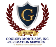 Goolsby Mortuary, Inc. & Cremation Services logo with gold G shield and laurel wreath