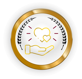 Gold circular emblem with a hand holding heart icons and laurel branches