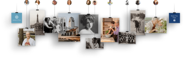 Hanging photo collage of homes, travel scenes, and a woman in black-and-white