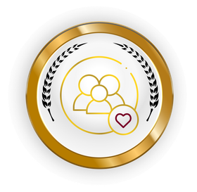 Gold circular emblem with laurel leaves, group icon, and small heart symbol