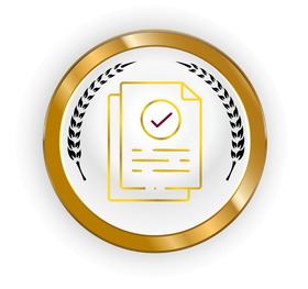 Gold certification badge with laurel wreath and document icon with check mark