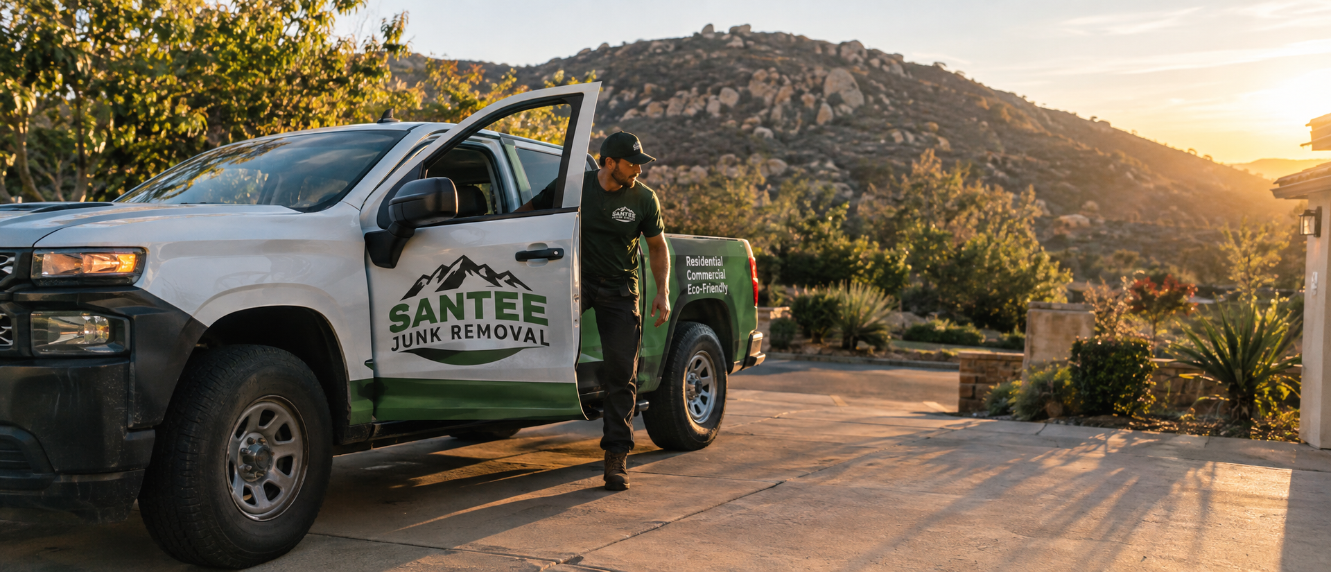Santee Junk Removal truck arriving at a residential driveway for same-day pickup