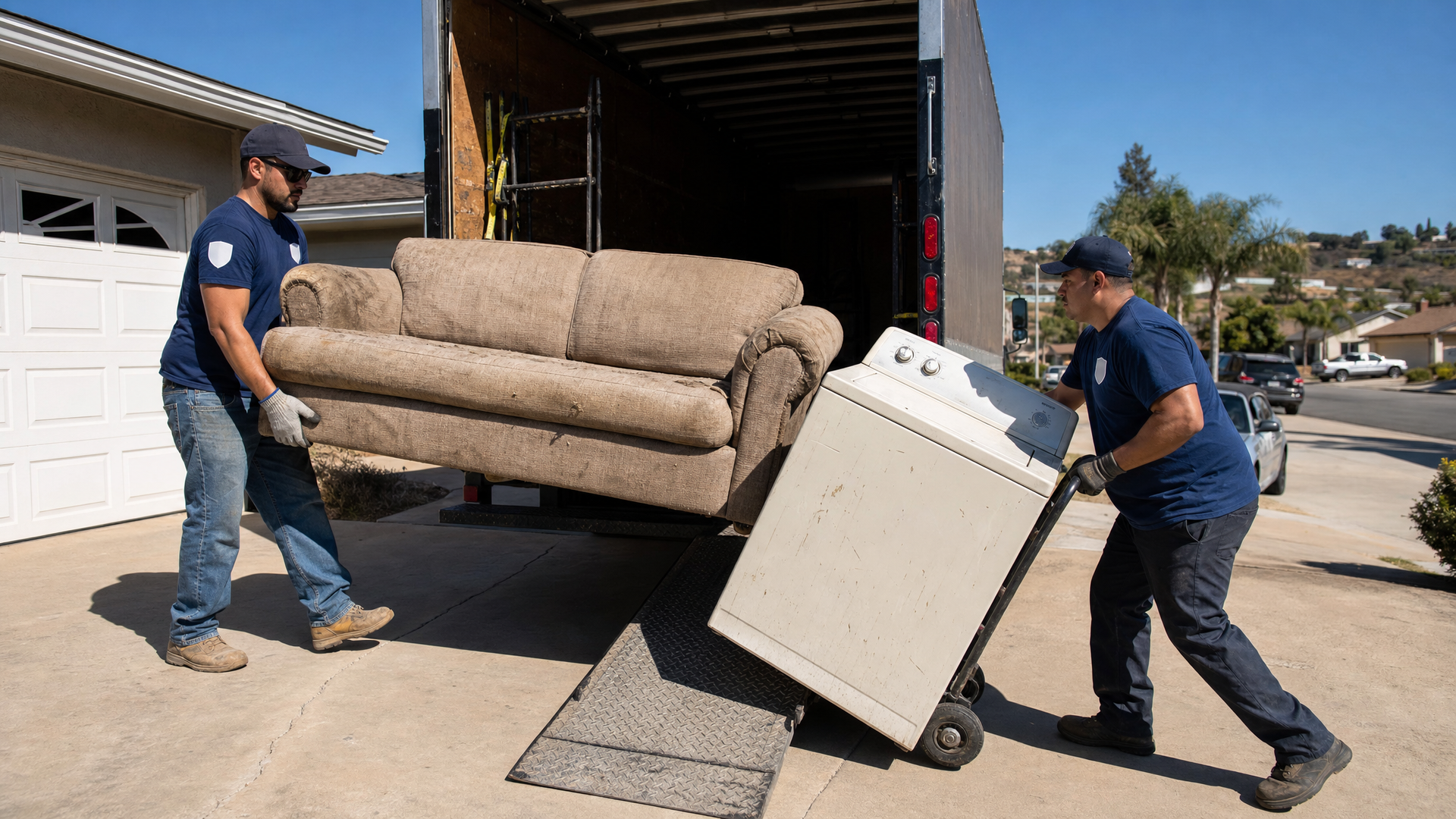 Santee Junk Removal crew hauling a couch and washing machine from a Carlton Hills driveway