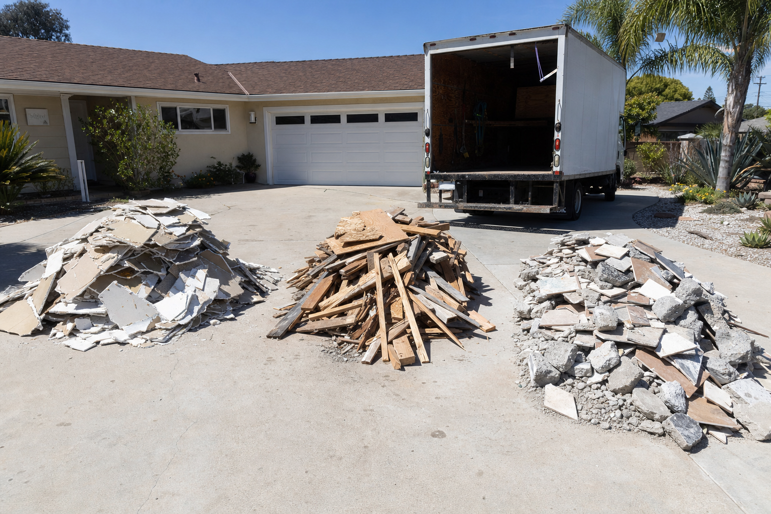 Sorted renovation debris piles including drywall, wood, and tile awaiting recycling in Santee, CA
