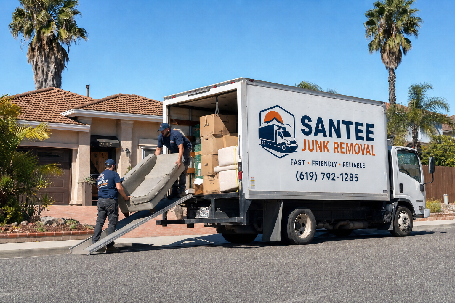 Santee Junk Removal crew loading a truck outside a home in East County San Diego