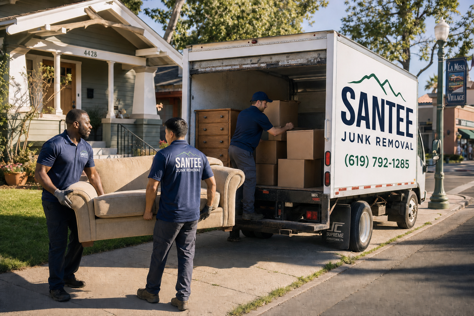 Junk removal crew loading a truck outside a Craftsman home in La Mesa, CA