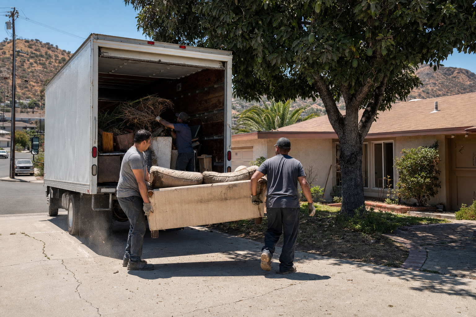 Junk removal crew loading a truck outside a ranch-style home in Spring Valley, CA