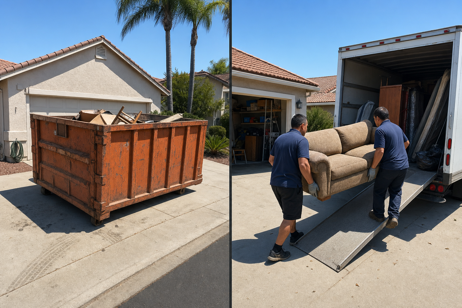 Side-by-side comparison of a rented dumpster and a junk removal crew in Santee, CA