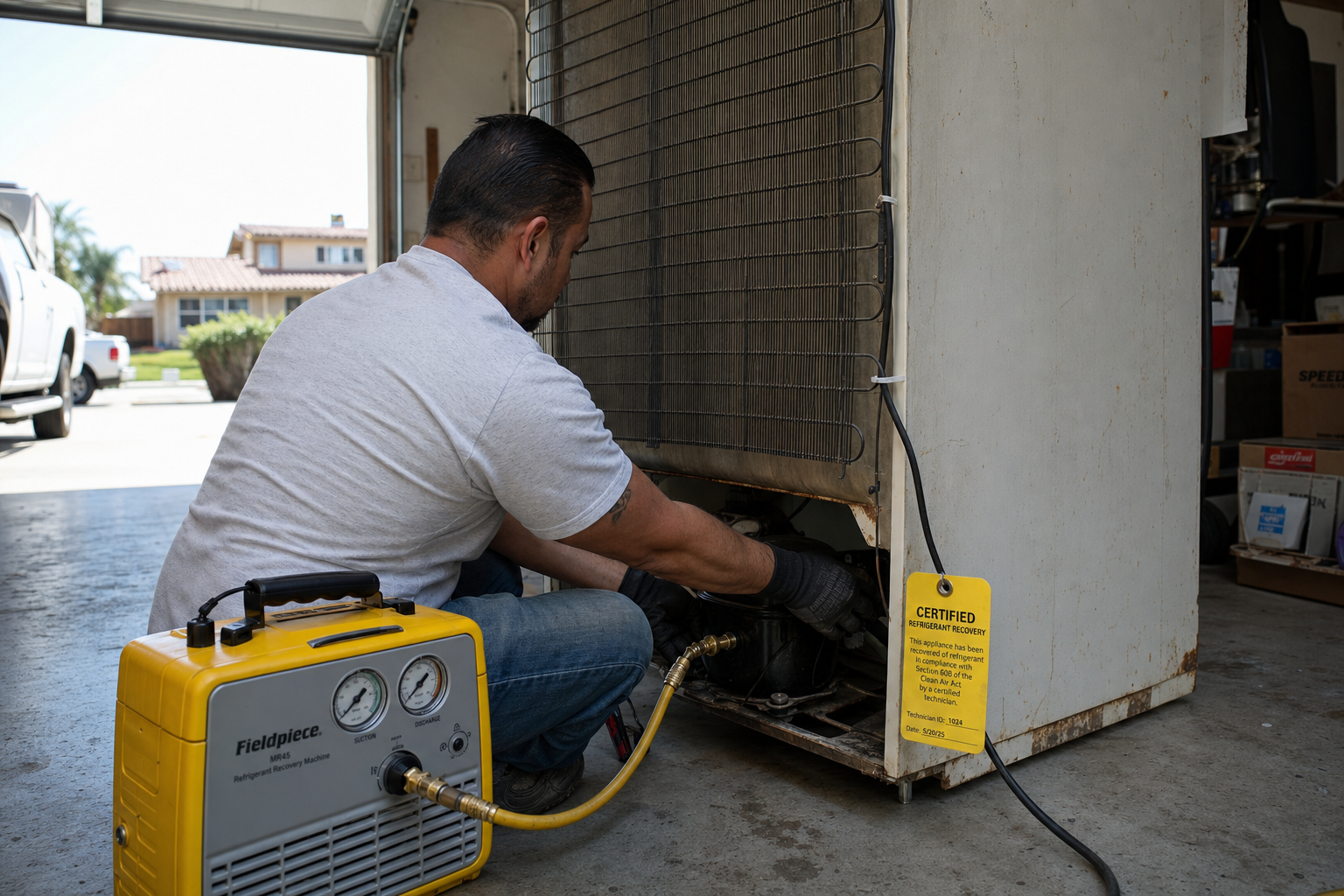 Technician performing certified refrigerant recovery on an old refrigerator in Santee, CA