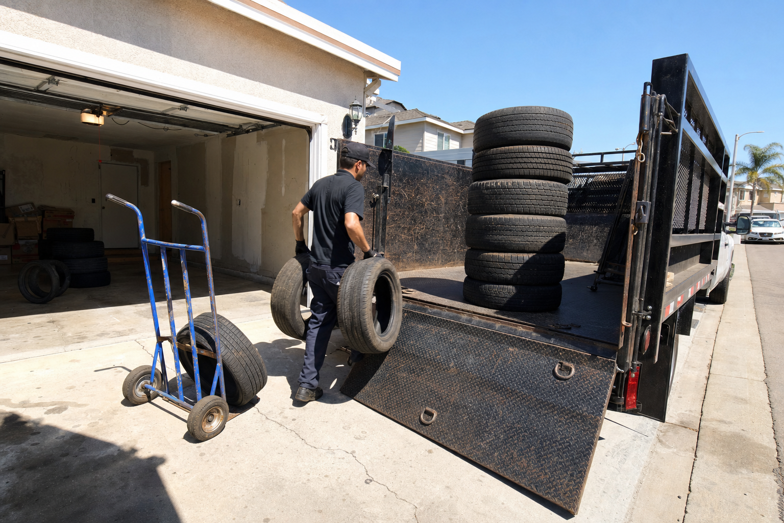 Junk removal crew loading old tires for proper disposal in Santee, CA