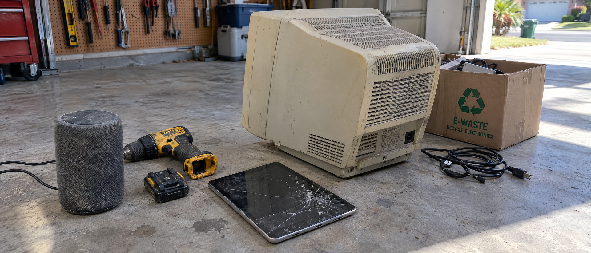Old cordless drill and battery next to a discarded air conditioning unit