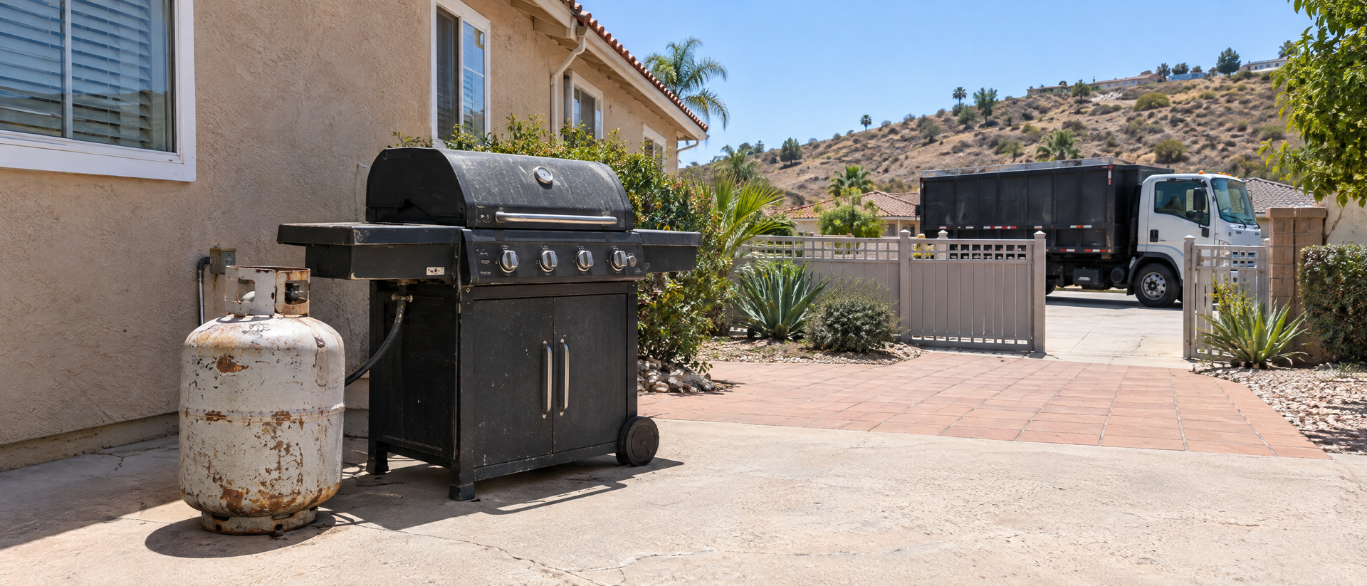 An old propane tank awaiting proper disposal in a Santee, CA backyard
